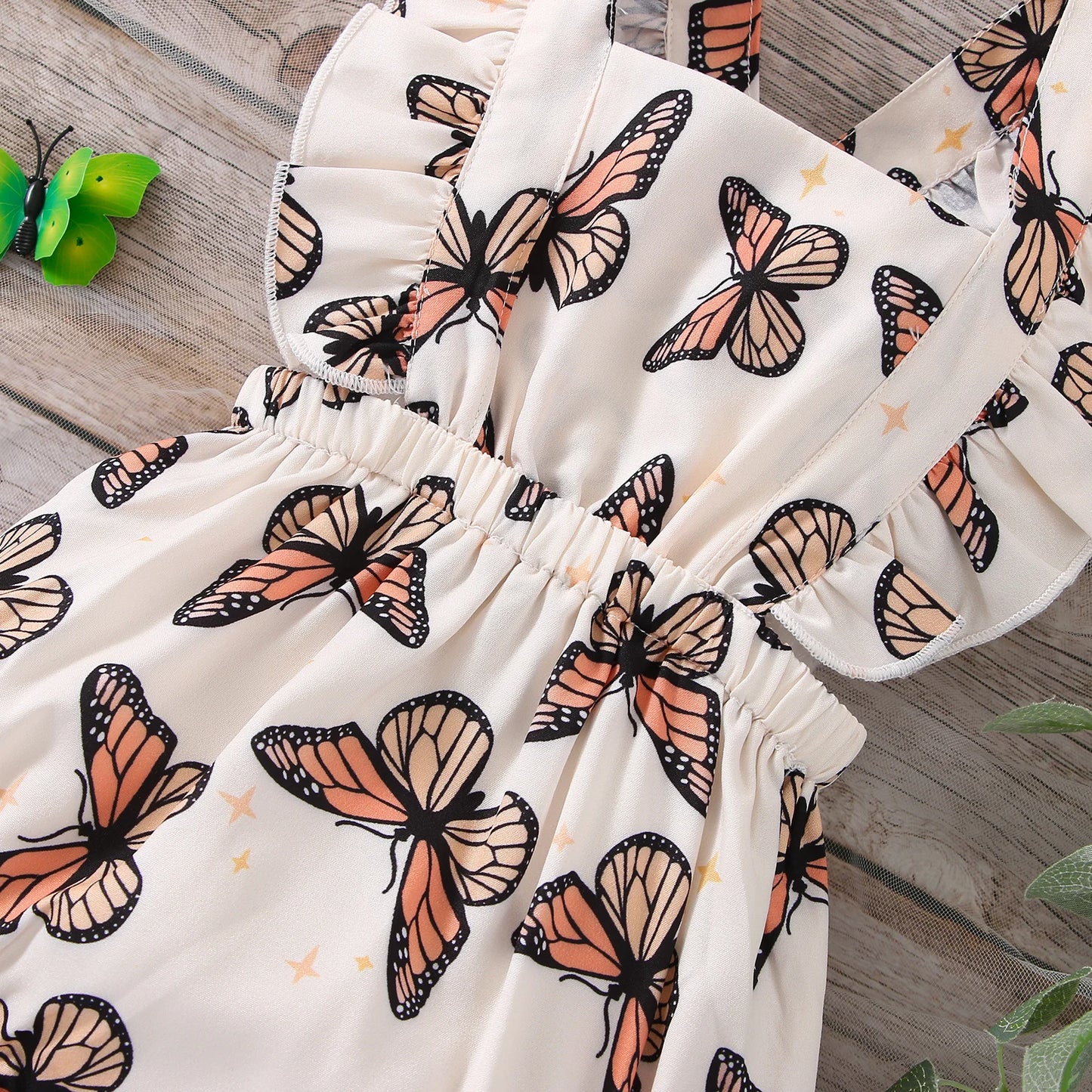 Baby Butterfly Print Ruffle Trim Square Neck Crisscross Back Bodysuit