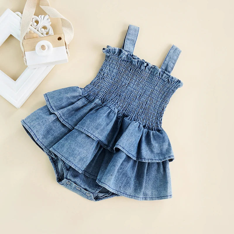 Baby Denim Romper Pleated Design