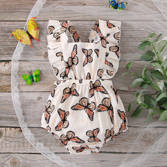 Baby Butterfly Print Ruffle Trim Square Neck Crisscross Back Bodysuit