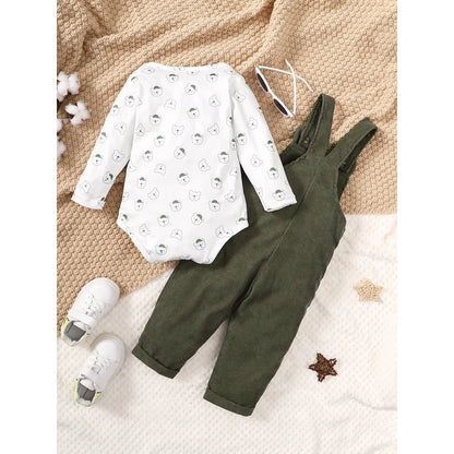 Baby Boy 2pcs Set Bear Print Bodysuit with Green Overalls