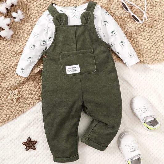 Baby Boy 2pcs Set Bear Print Bodysuit with Green Overalls